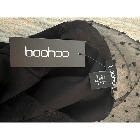 Boohoo Women’s Black Bodysuit Sheer Mesh Lola Dot Sweetheart Neckline Size US 4 - Picture 5 of 5